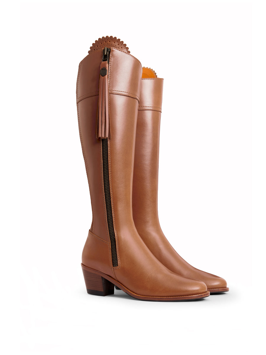 The Regina - Women's Tall Heeled Boots - Tan Leather, Sporting Calf