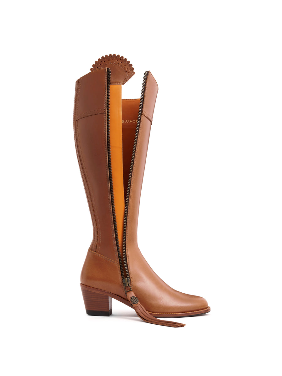 The Regina - Women's Tall Heeled Boots - Tan Leather, Sporting Calf
