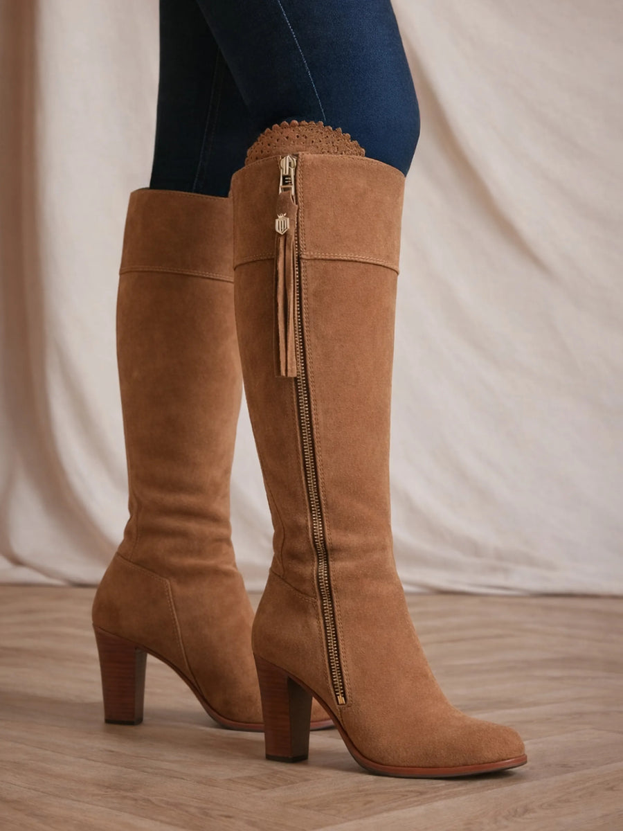 The Regina - Women's Tall High-Heeled Boots - Tan Suede, Sporting Fit