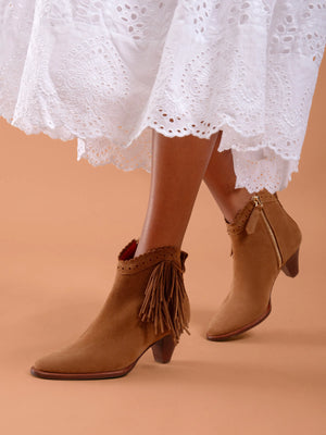 Regina Fringed Ankle Boot - Tan Suede