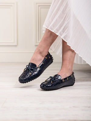 The Henley - Women's Driving Shoe - High Shine Navy Croc Print Leather