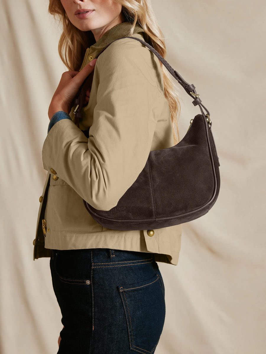 The Tetbury - Women's Crescent Bag - Chocolate Suede