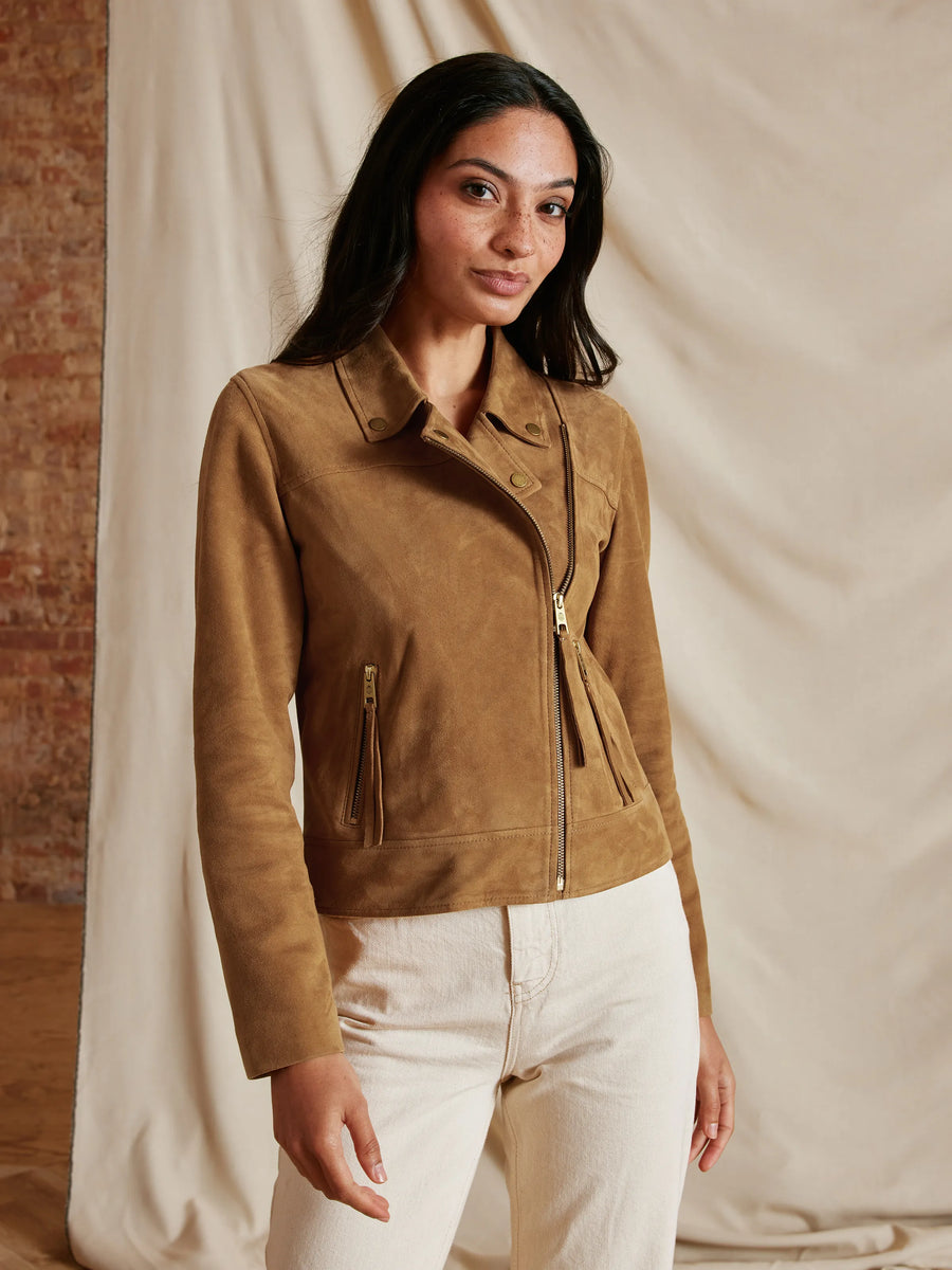 The Thea - Women's Biker Jacket - Honey Tan Suede