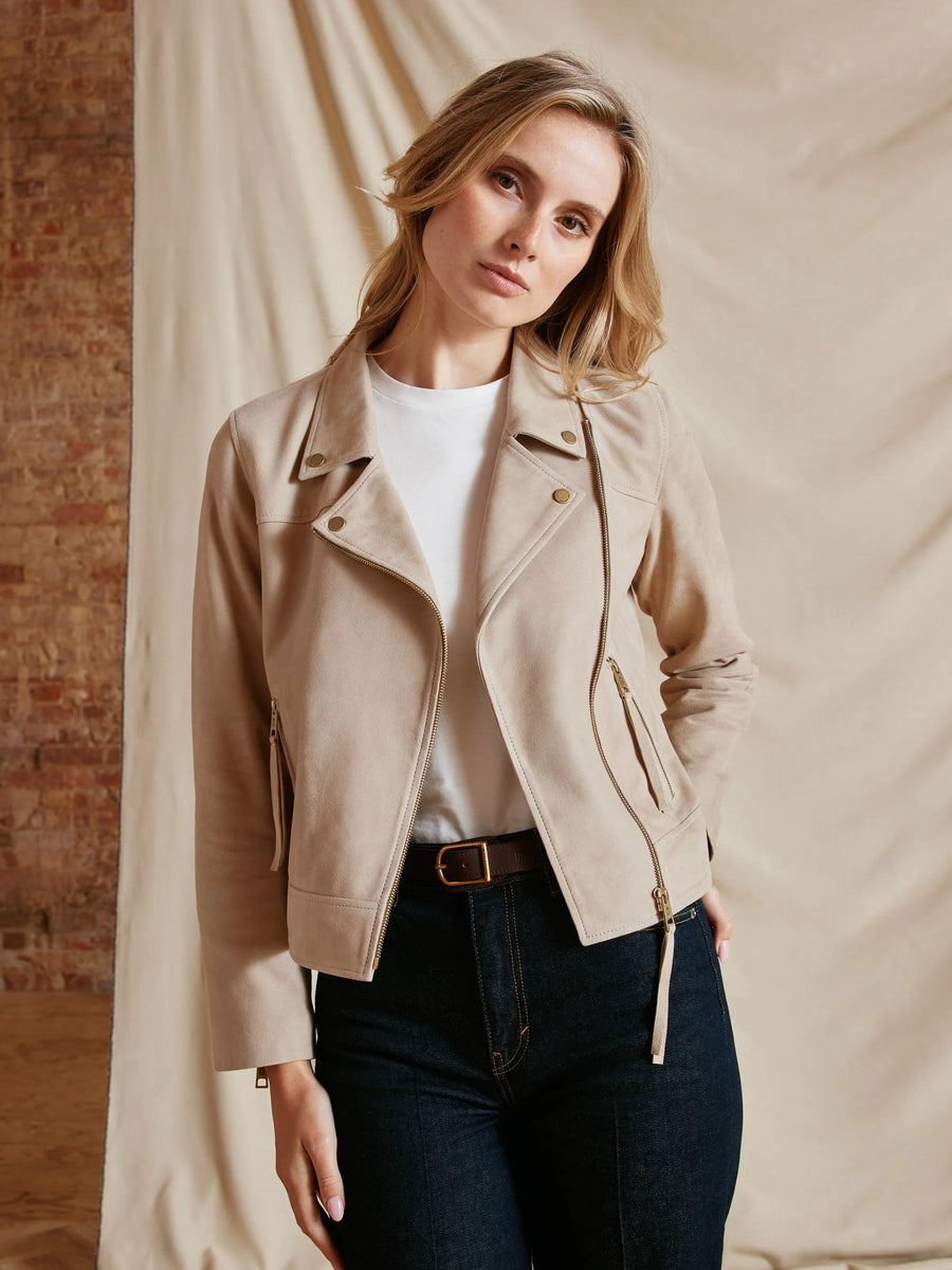 The Thea - Women's Biker Jacket - Stone Suede