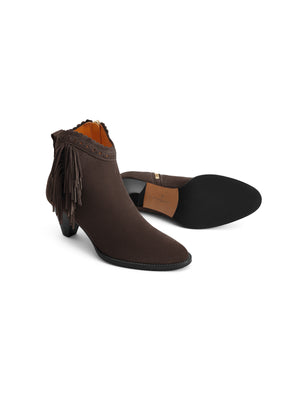 The Regina - Women's Fringed Ankle Boot - Chocolate Suede