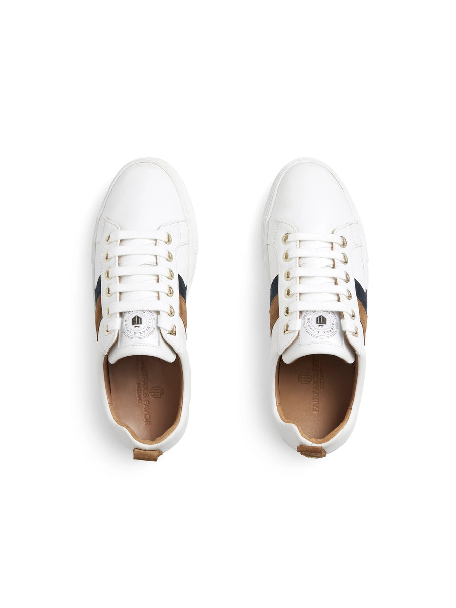 The Alexandra - Women's Platform Trainers - White Leather with Tan & Navy Suede
