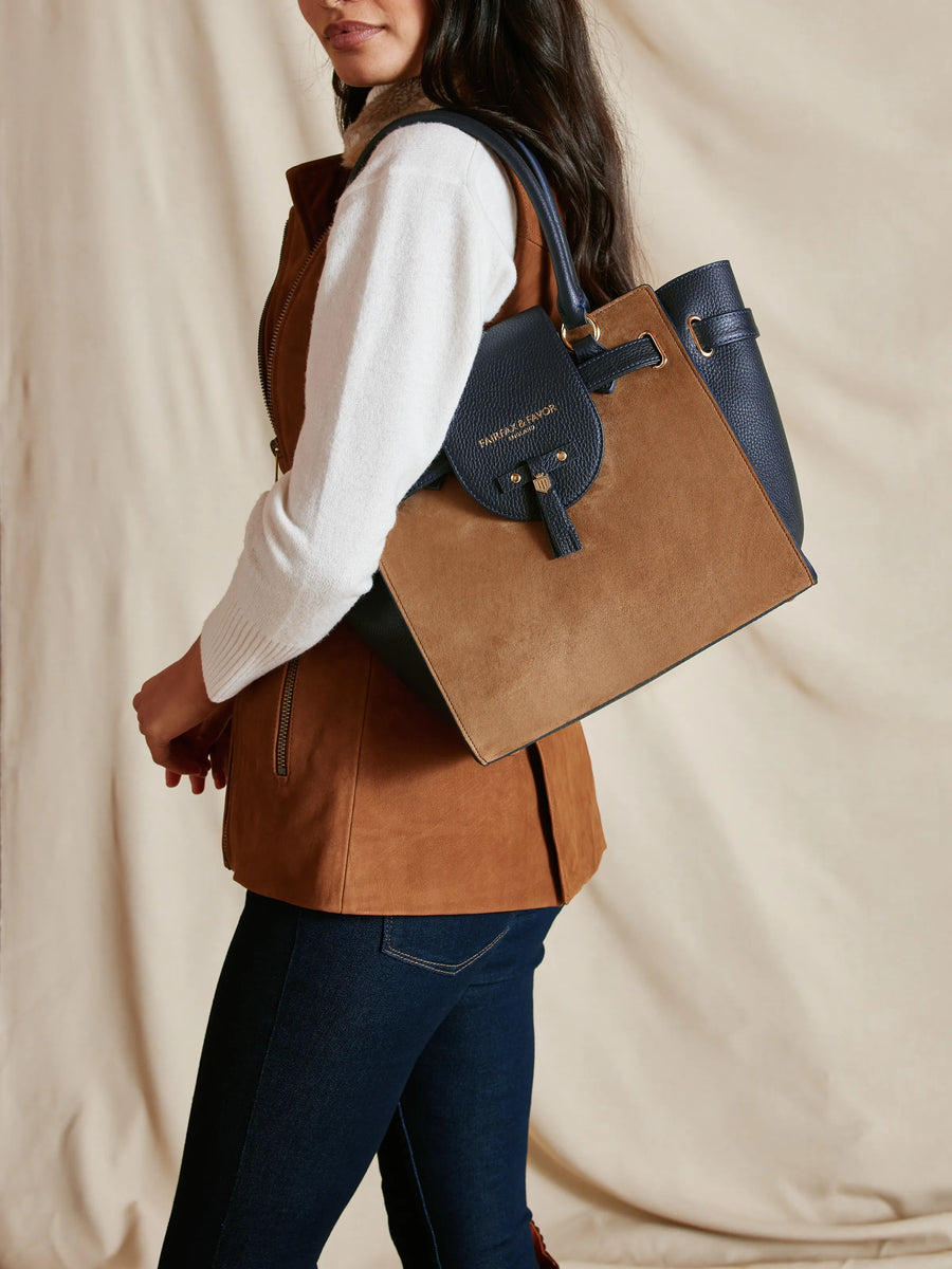 The Windsor - Women's Tote - Tan & Navy Suede