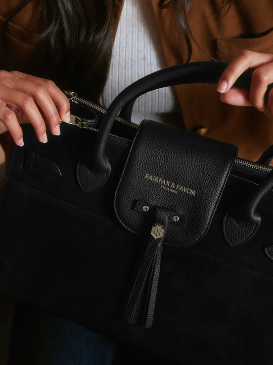 Windsor Work Bag - Women's Handbag - Black Suede | Fairfax & Favor