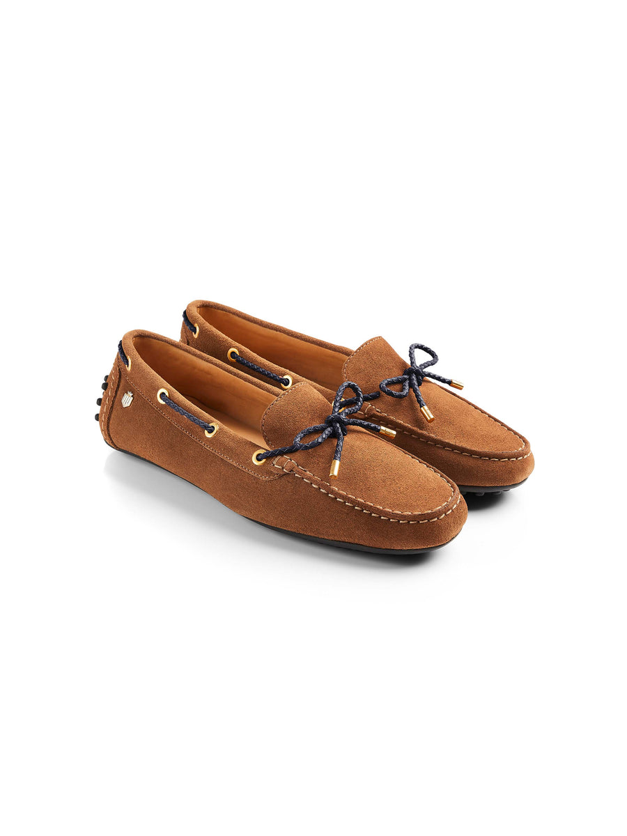 The Henley - Women's Driving Shoes - Tan & Navy Suede