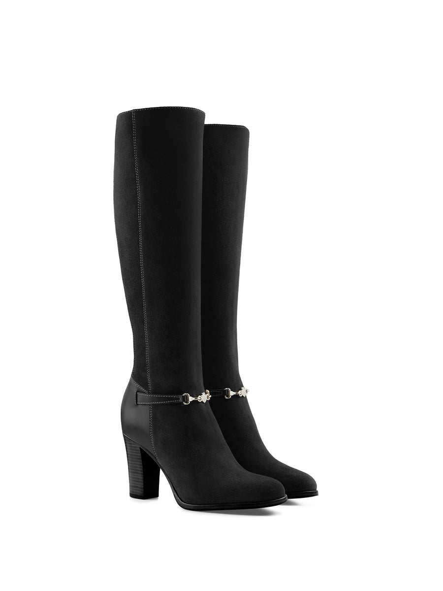The Octavia - Women's Tall Heeled Boots - Black Suede, Regular Calf