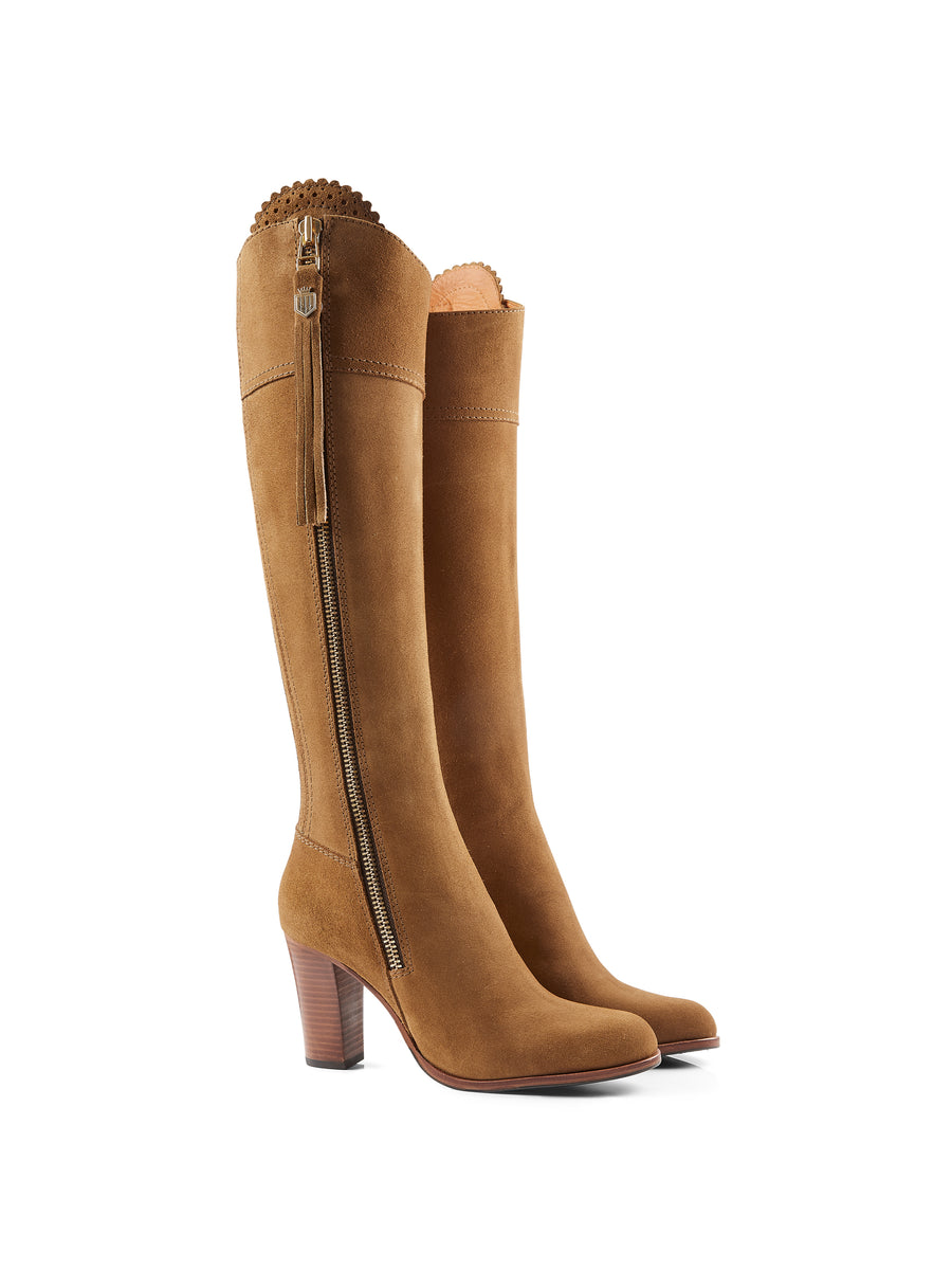 The Regina - Women's Tall High-Heeled Boots - Tan Suede, Narrow Calf