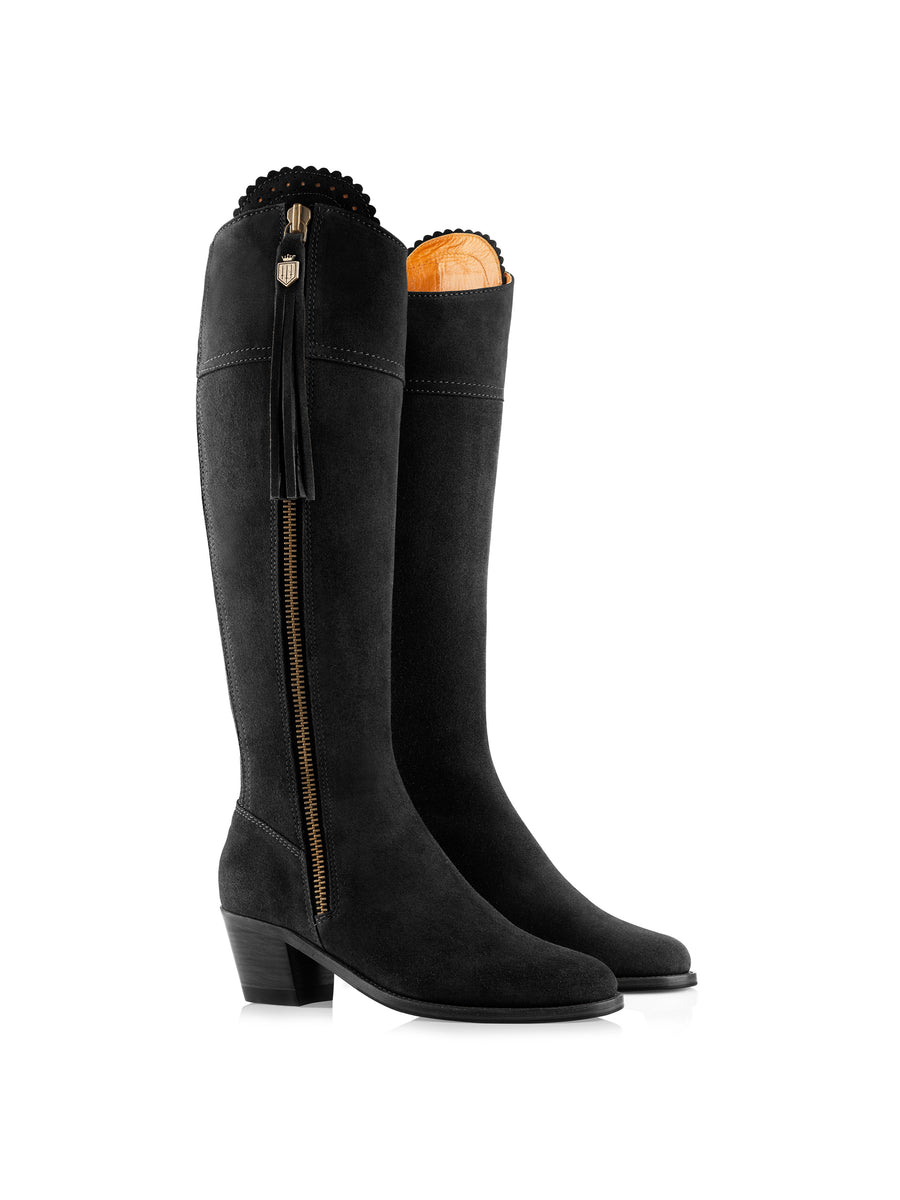 The Regina - Women's Tall Heeled Boots - Black Suede, Sporting Calf