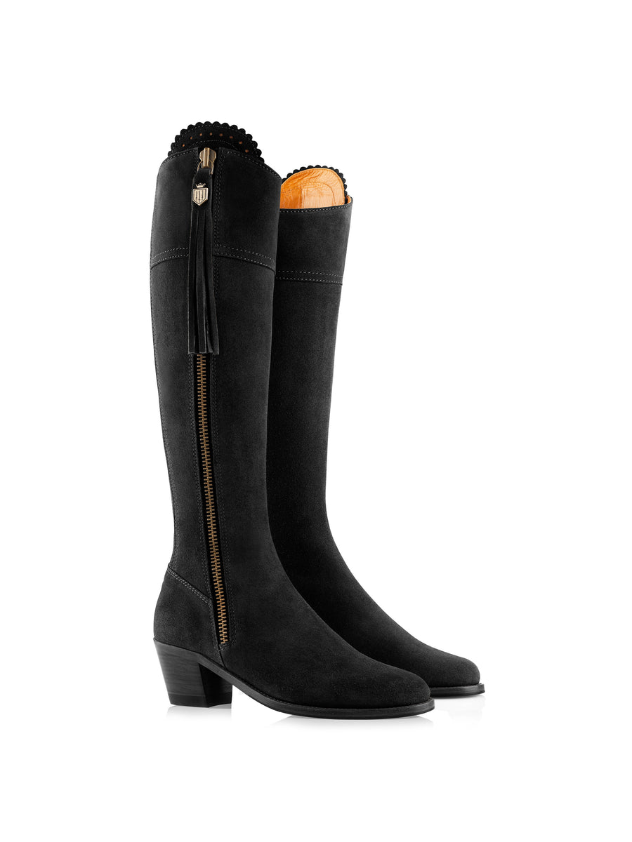 The Regina - Women's Tall Heeled Boots - Black Suede, Narrow Calf