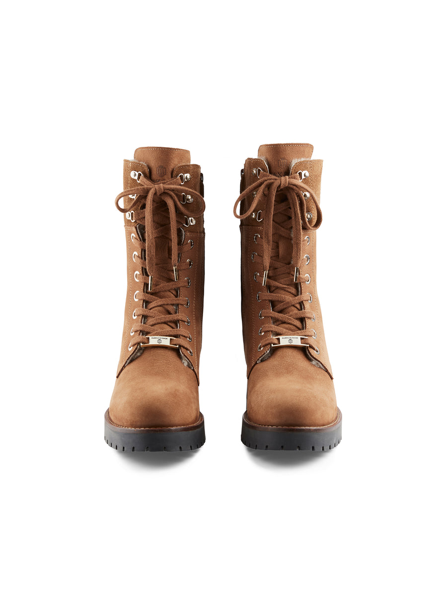 The Anglesey - Shearling Lined Combat Boots - Cognac Nubuck