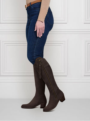 The Regina - Women's Tall Heeled Boot - Chocolate Suede, Sporting Calf