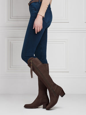 The Regina - Women's Tall Heeled Boot - Chocolate Suede, Narrow Calf