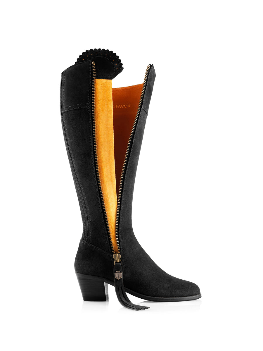 The Regina - Women's Tall Heeled Boots - Black Suede, Sporting Calf