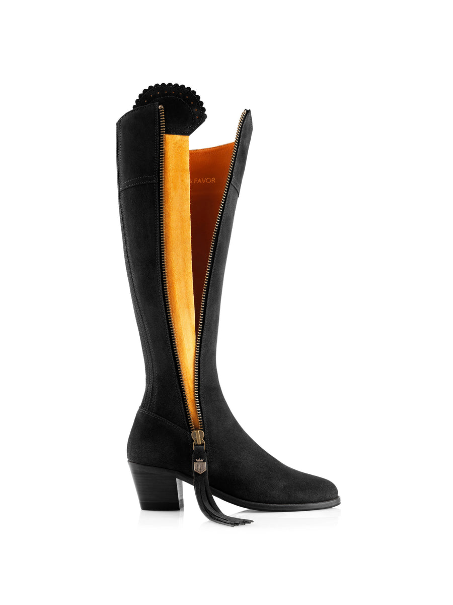 The Regina - Women's Tall Heeled Boots - Black Suede, Narrow Calf