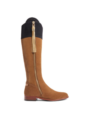 The Regina - Women's Tall Boot - Tan, Navy & Gold Suede, Regular Calf
