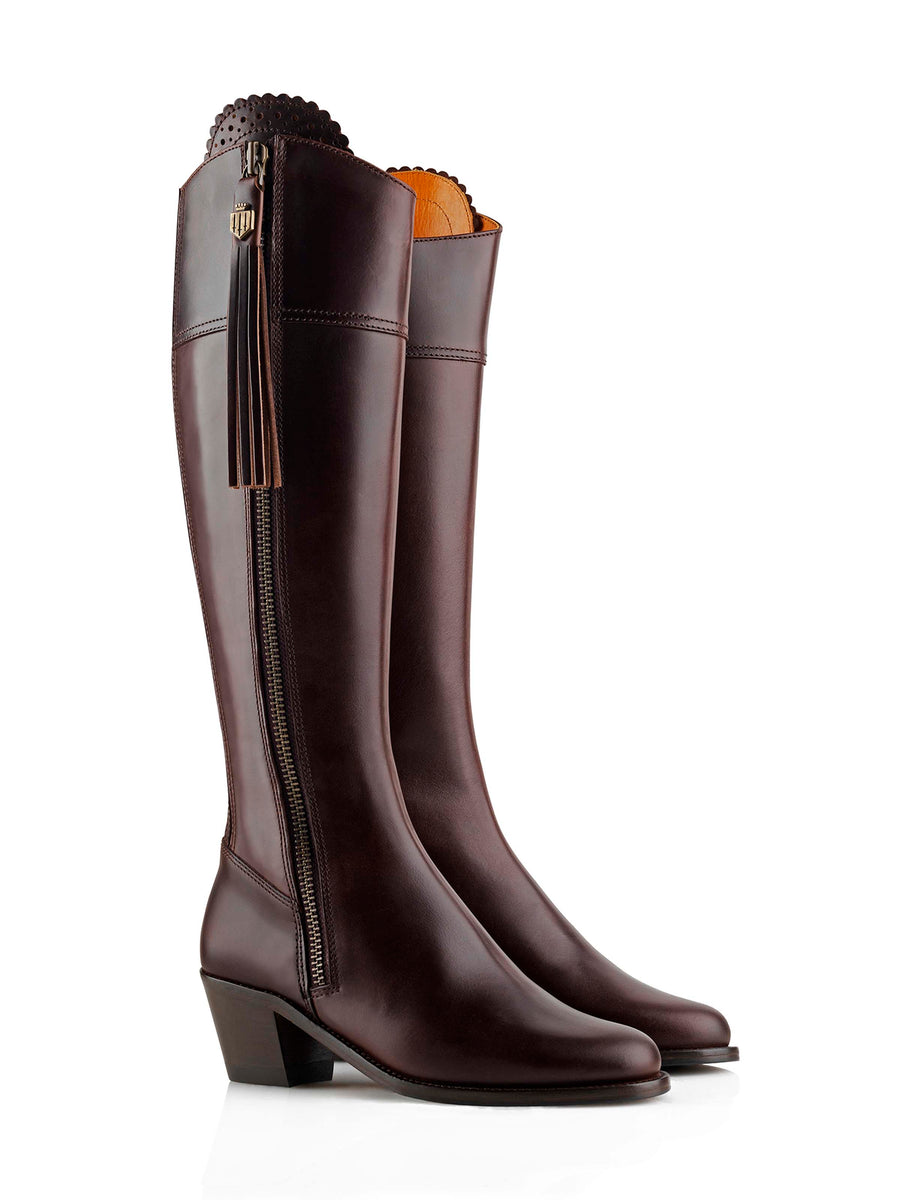 The Regina - Women's Tall Heeled Boots - Mahogany Leather, Regular Calf