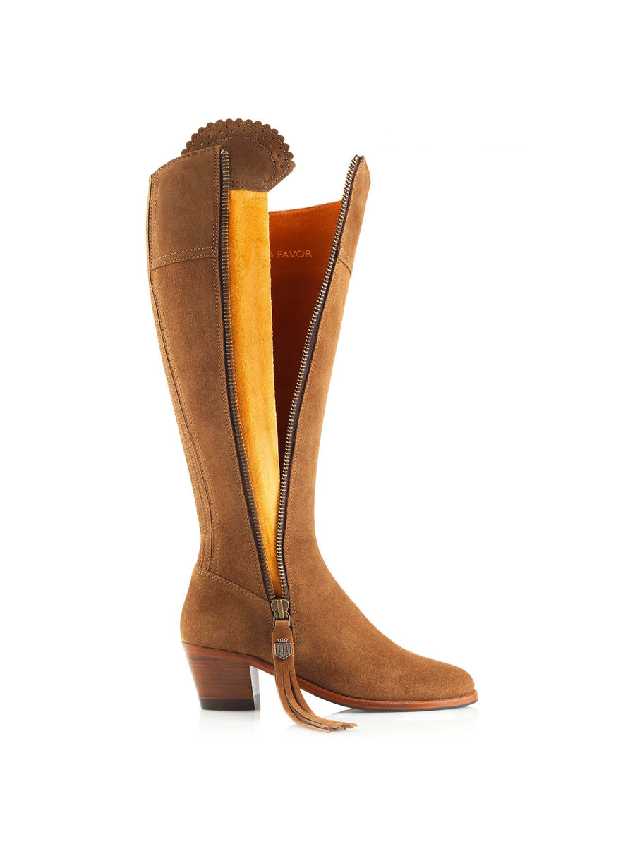 The Regina - Women's Tall Heeled Boots - Tan Suede, Sporting Calf