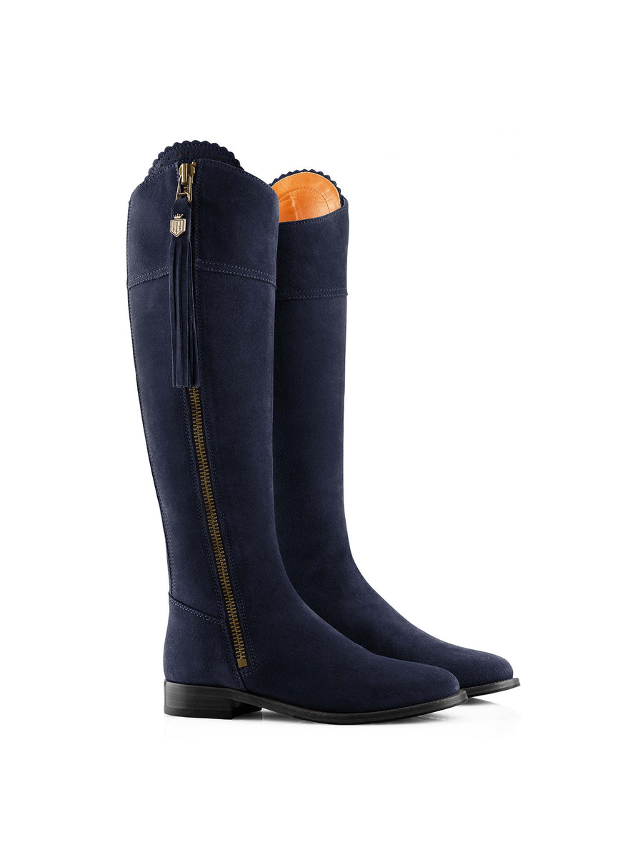 The Regina - Women's Tall Boots - Navy Blue Suede, Sporting Calf