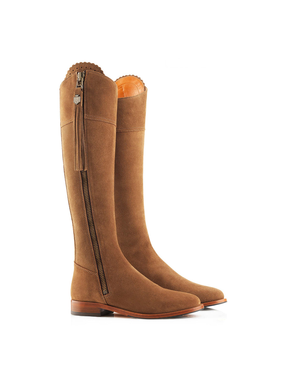 The Regina - Women's Tall Boots - Tan Suede, Narrow Calf