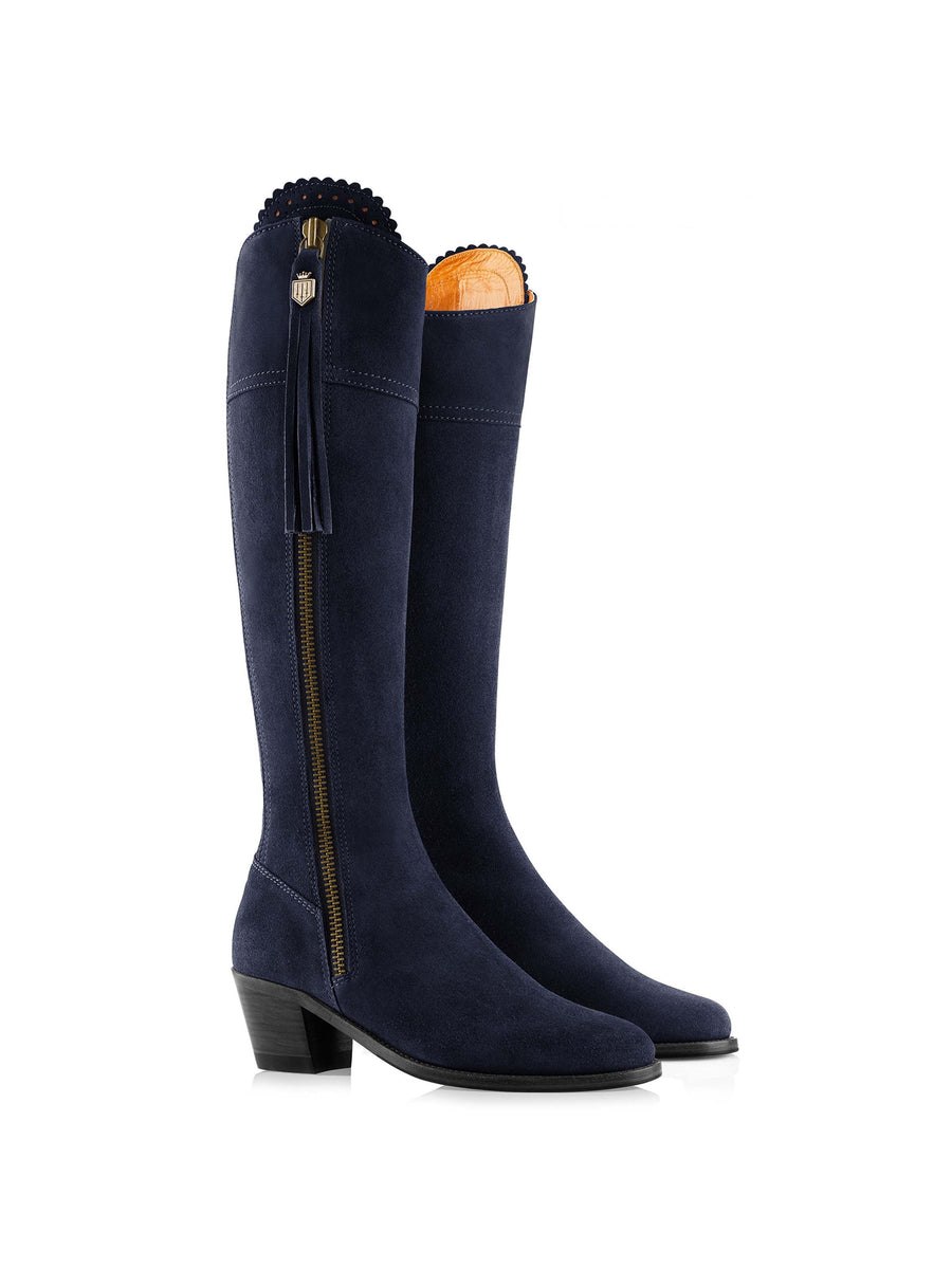 The Regina - Women's Tall Heeled Boots - Navy Blue Suede, Narrow Calf
