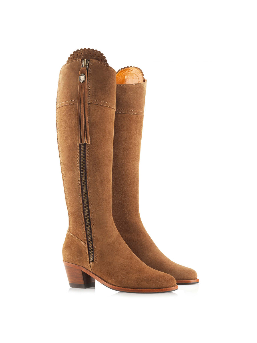 The Regina - Women's Tall Heeled Boots - Tan Suede, Sporting Calf