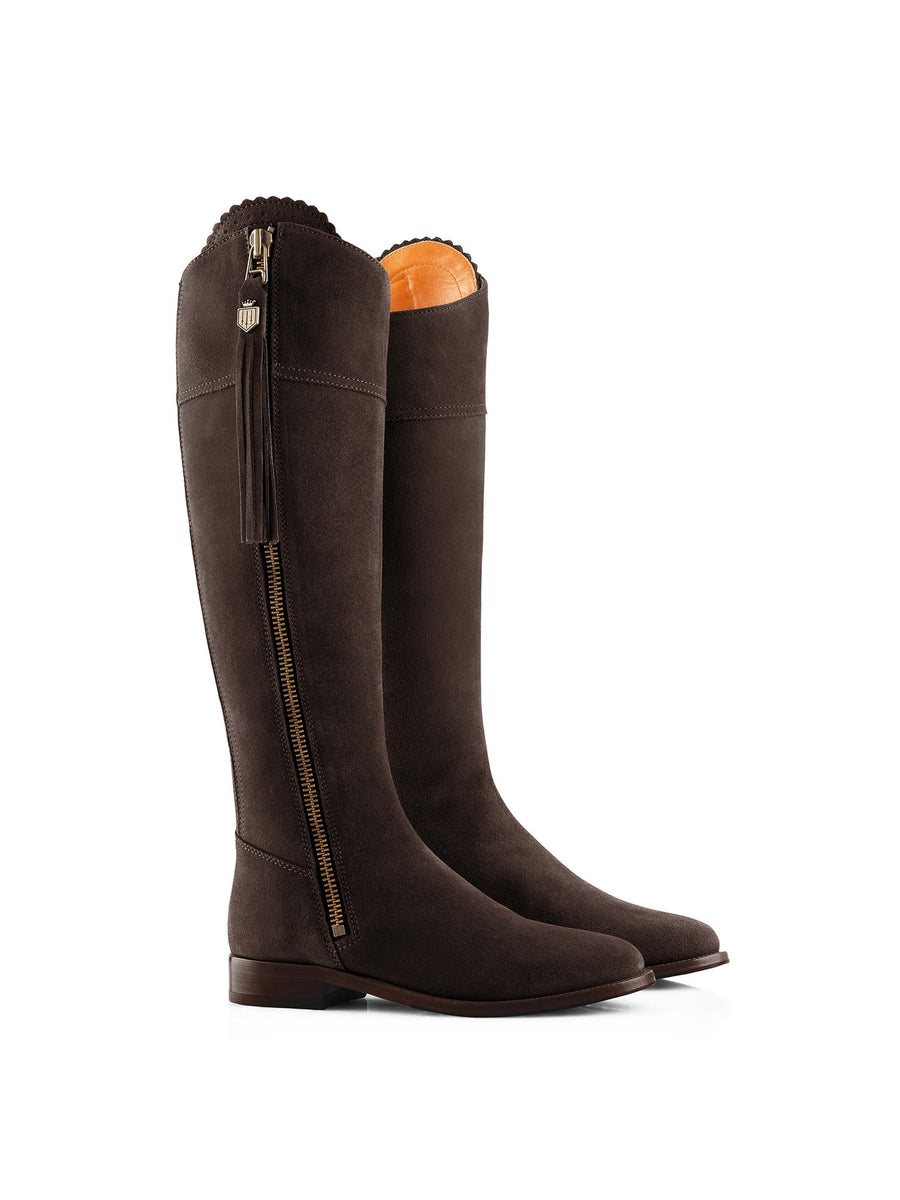 The Regina - Women's Tall Boots - Chocolate Suede, Sporting Calf