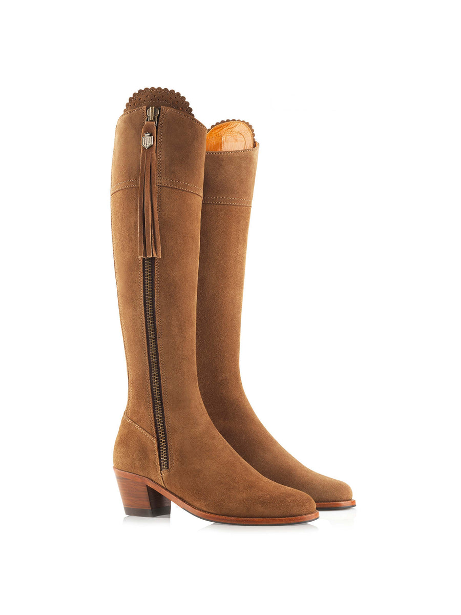 The Regina - Women's Tall Heeled Boots - Tan Suede, Narrow Calf
