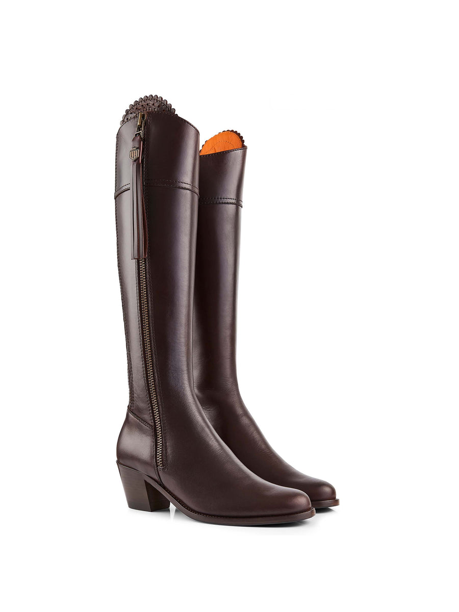 The Regina - Women's Tall Heeled Boots - Mahogany Leather, Narrow Calf