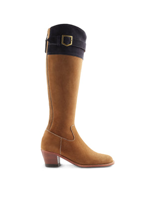 The Olympia - Women's Tall Heeled Boot - Tan & Navy Suede