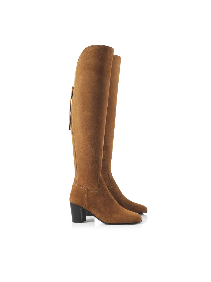 The Amira - Women's Over-the-Knee Heeled Boots - Tan Suede