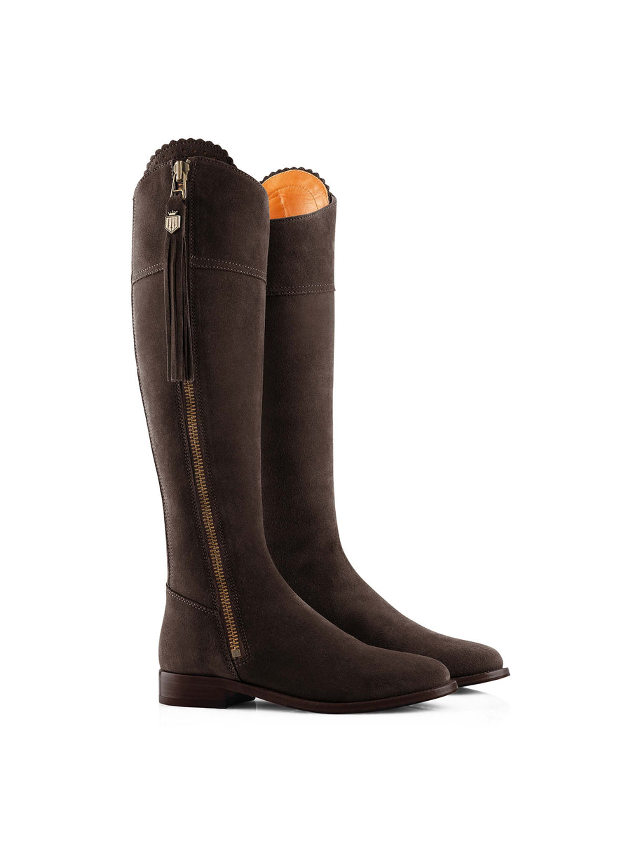 The Regina - Women's Tall Boots - Chocolate Suede, Regular Calf