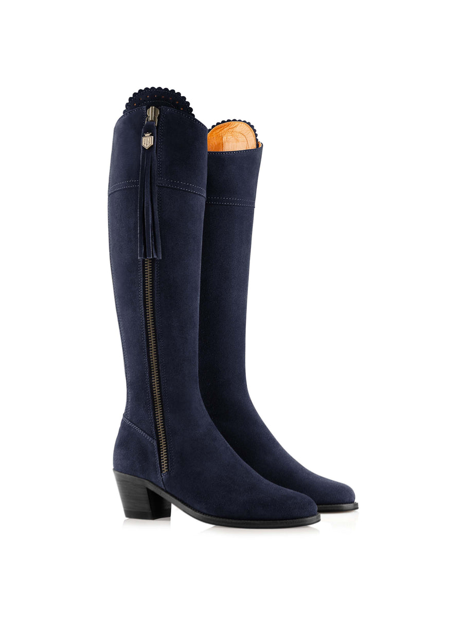 The Regina - Women's Tall Heeled Boots - Navy Blue Suede, Regular Calf