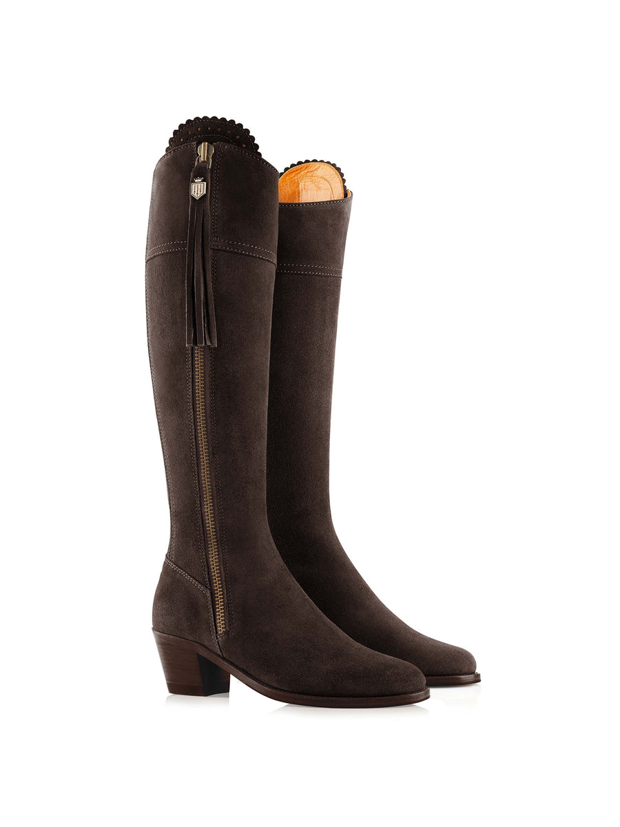 The Regina - Women's Tall Heeled Boots - Chocolate Suede, Regular Calf