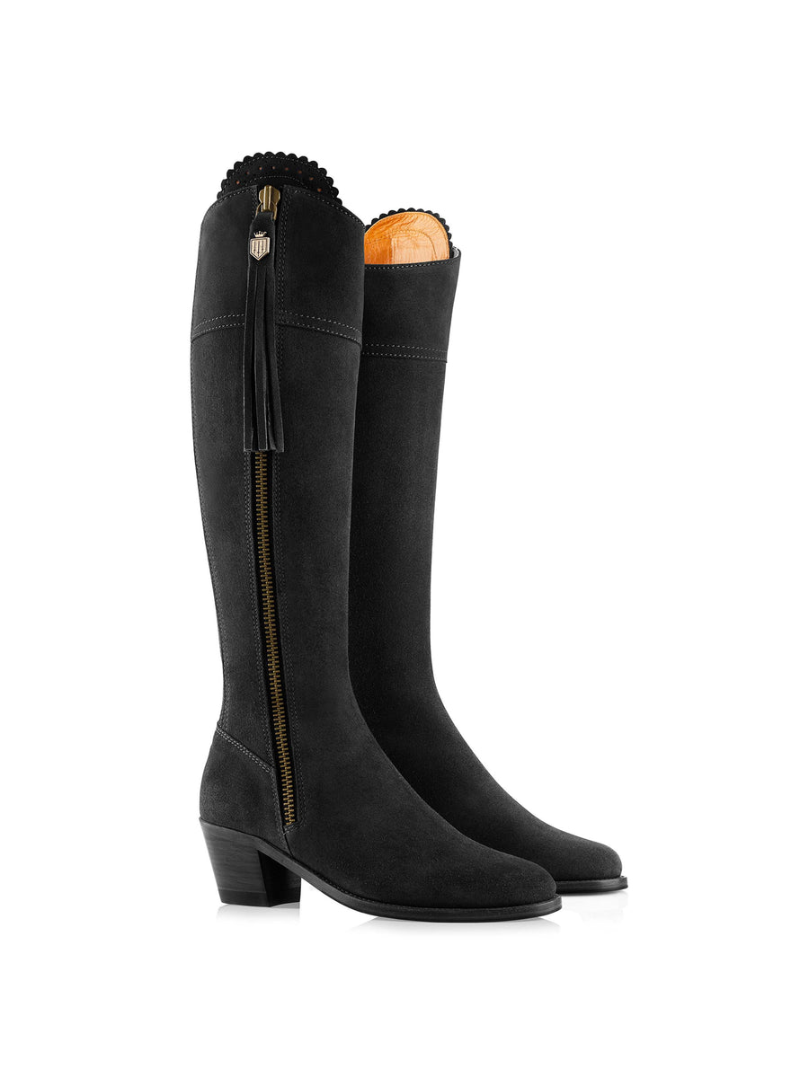 The Regina - Women's Tall Heeled Boots - Black Suede, Regular Calf
