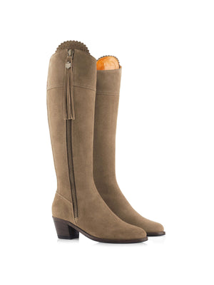 The Regina - Women's Tall Heeled Boot - Taupe Suede, Sporting Calf