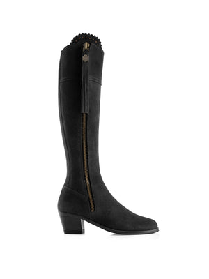 The Regina - Women's Tall Heeled Boot - Black Suede, Narrow Calf