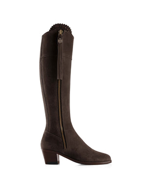 The Regina - Women's Tall Heeled Boot - Chocolate Suede, Regular Calf
