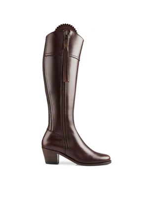 The Regina - Women's Tall Heeled Boot - Mahogany Leather, Sporting Calf