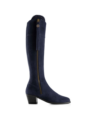The Regina - Women's Tall Heeled Boot - Navy Blue Suede, Narrow Calf