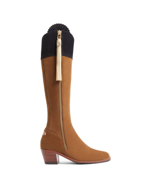 The Regina - Women's Tall Heeled Boot - Tan, Navy & Gold Suede, Narrow Calf