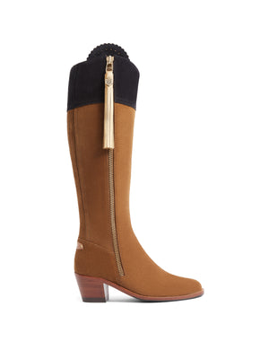 The Regina - Women's Tall Heeled Boot - Tan, Navy & Gold Suede, Sporting Calf