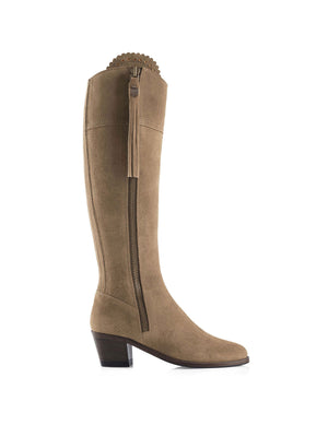 The Regina - Women's Tall Heeled Boot - Taupe Suede, Sporting Calf
