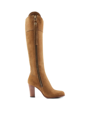 The Regina - Women's Tall High-Heeled Boot - Tan Suede, Narrow Calf